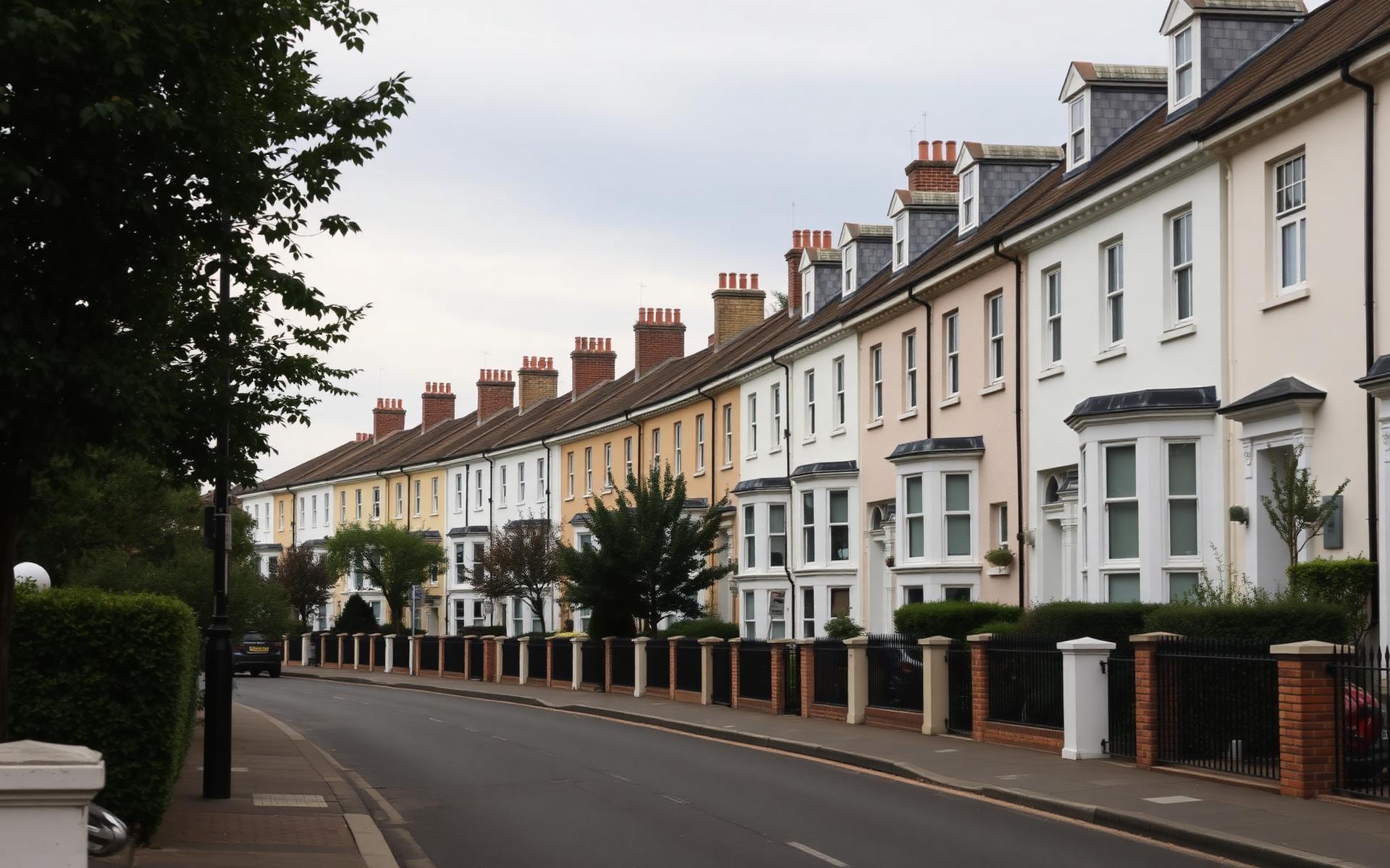 A row of well-maintained British residential townhouses on a quiet street